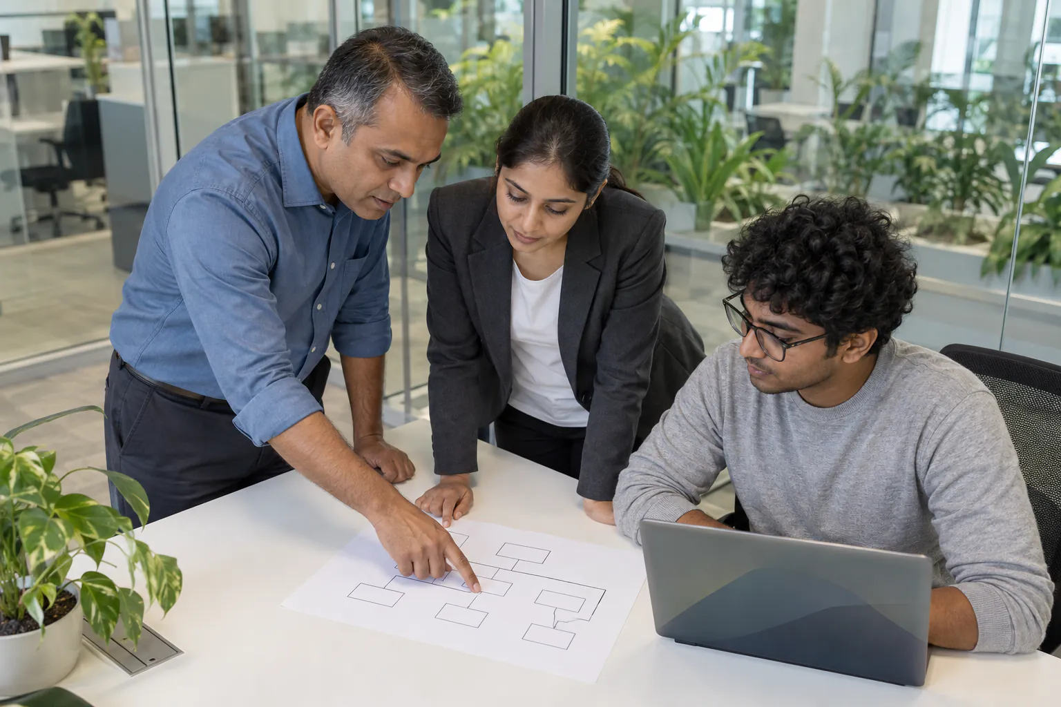 Three colleagues at a table reviewing an organisation chart on paper and a laptop
