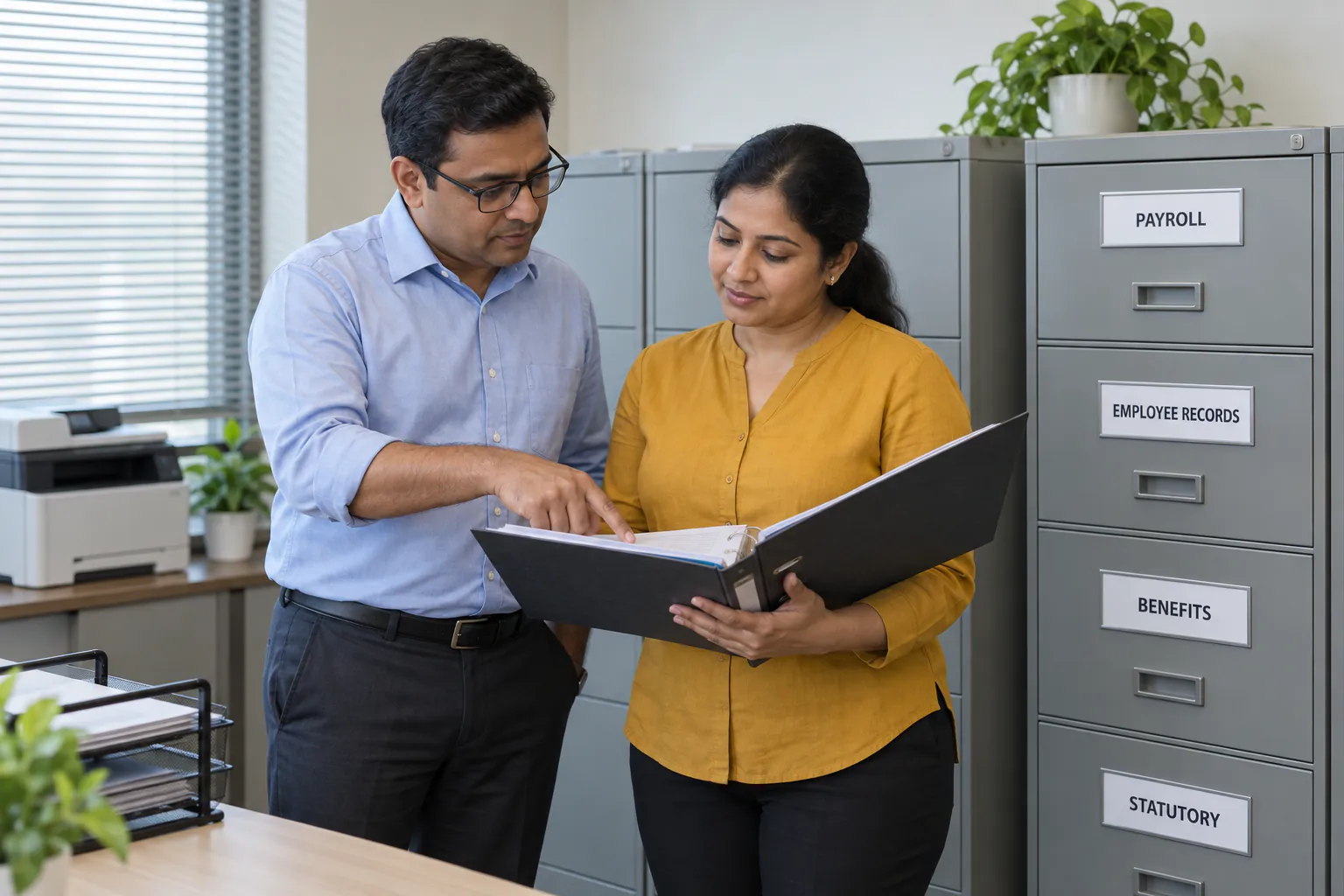 Two HR staff checking payroll and employee records at labelled filing cabinets